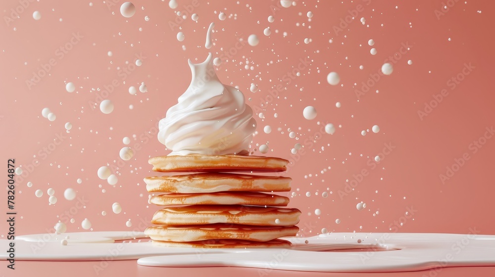 Aufkleber a stack of pancakes with a dollop of whipped cream d style isolated flying objects memphis style d r