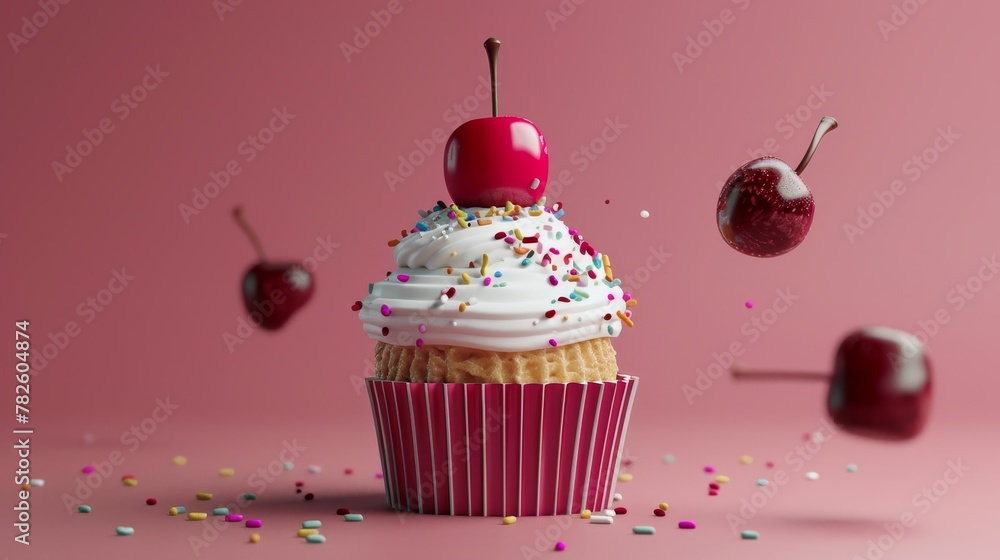 Poster a sprinkle-covered cupcake with a cherry on top d style isolated flying objects memphis style d rend