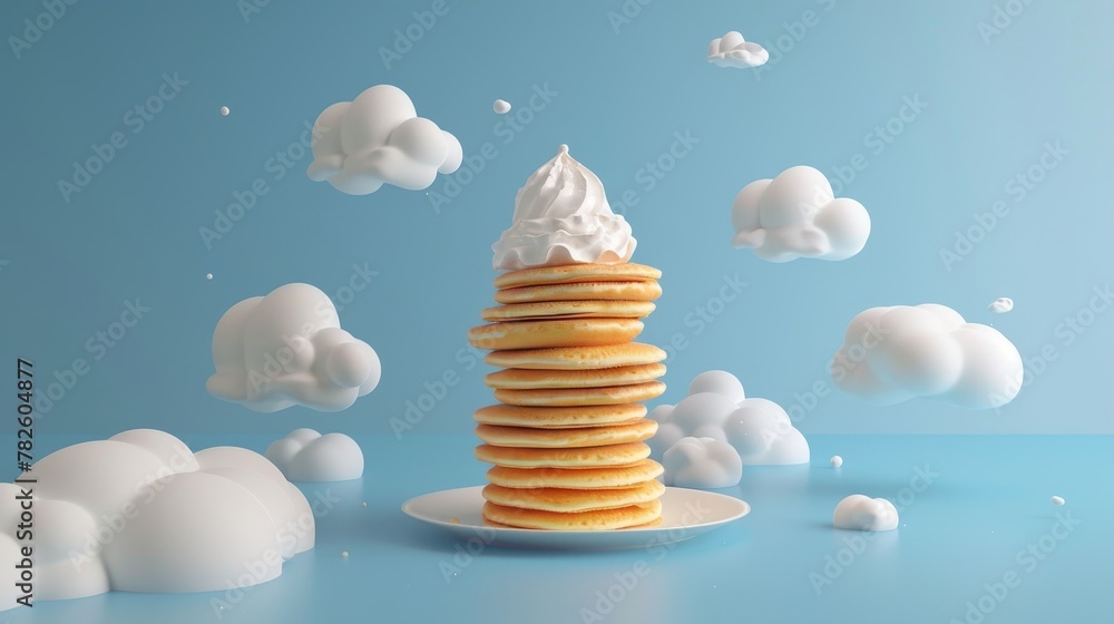 Aufkleber a stack of pancakes with a dollop of whipped cream d style isolated flying objects memphis style d r