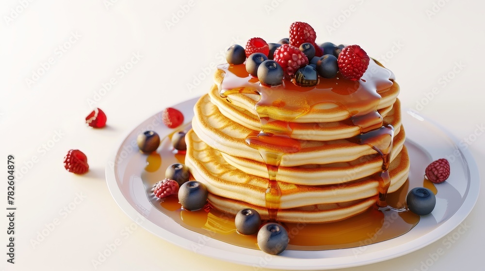 Poster a stack of pancakes with syrup and berries d style isolated flying objects memphis style d render ai