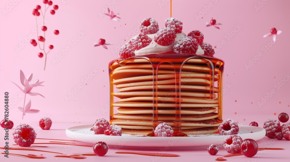 Poster a stack of pancakes with syrup and berries d style isolated flying objects memphis style d render ai