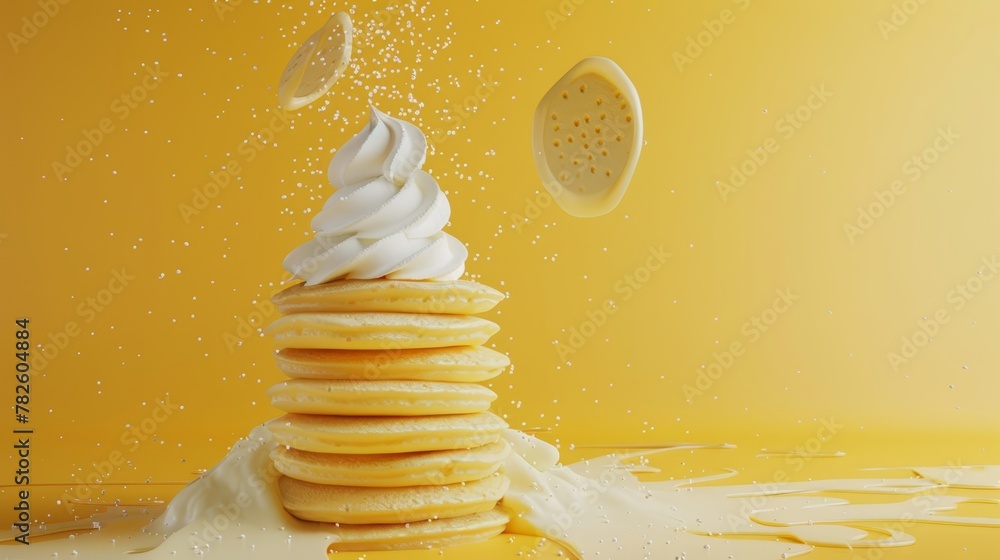 Poster a stack of pancakes with a dollop of whipped cream d style isolated flying objects memphis style d r