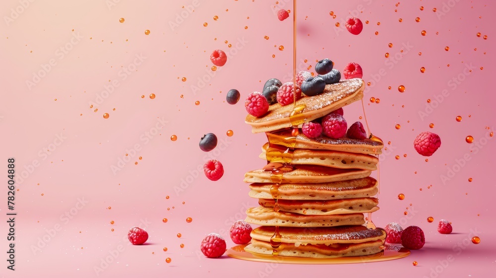 Poster a stack of pancakes with syrup and berries d style isolated flying objects memphis style d render ai