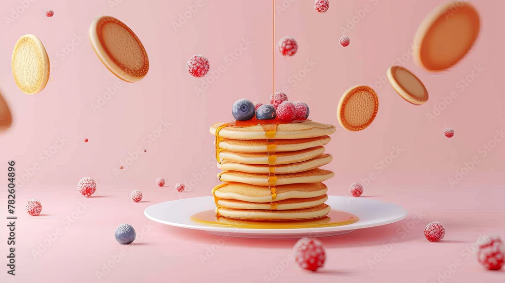 Poster a stack of pancakes with syrup and berries d style isolated flying objects memphis style d render ai