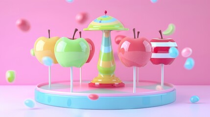 A spinning carousel of candy-coated apples d style isolated flying objects memphis style d render   AI generated illustration