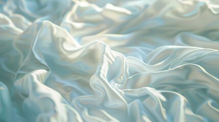 Closeup of beautiful white shiny crumpled polyester fabric sheets on the bed with warm motion and feeling for background and decoration Cloth