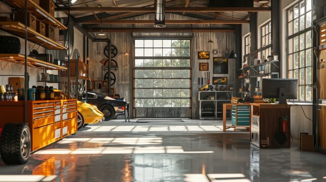 A sunlit car garage with industrial aesthetics   AI generated illustration
