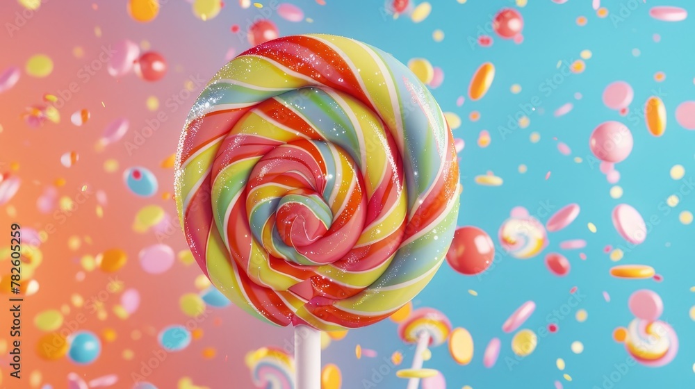 Poster a swirling lollipop in various colors d style isolated flying objects memphis style d render ai gene