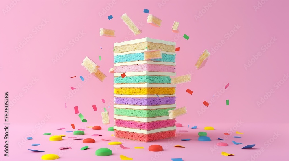 Aufkleber a tower of colorful layer cake slices d style isolated flying objects memphis style d render ai gene
