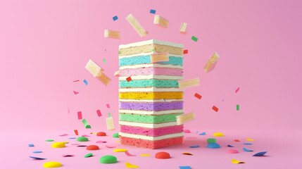A tower of colorful layer cake slices d style isolated flying objects memphis style d render   AI generated illustration