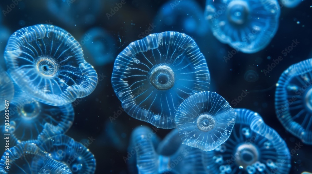 Poster a of foraminifera tiny marine protists with intricate shells navigating through the blue depths of t