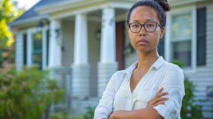 A portrait of a social worker standing in front of a house their arms crossed and expression serious as they assess the safety of the home for a family in need. .