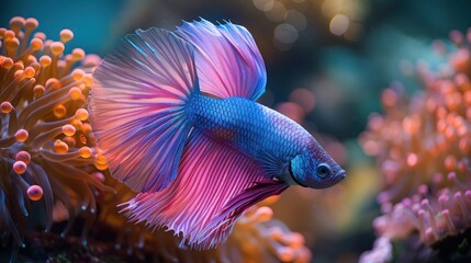 In the calm depths, purple betta fish show off their fins flowing over the sloping coral