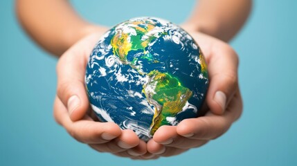 people, geography, population and peace concept - close up of human hands with earth globe showing continent over blue background