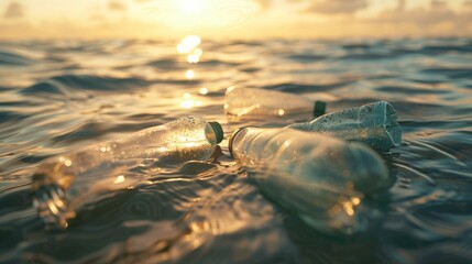 Plastic bottles sinking in to the ocean. Enviromental polution concept. - obrazy, fototapety, plakaty