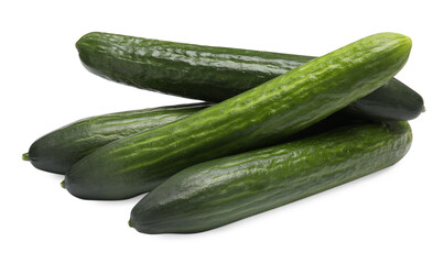Many long fresh cucumbers isolated on white