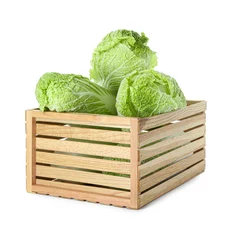 Rolgordijnen Fresh ripe Chinese cabbages in wooden crate isolated on white © New Africa
