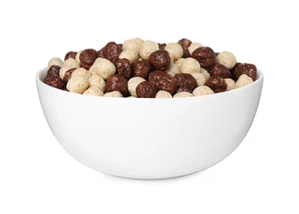 Rolgordijnen Tasty sweet cereal balls in bowl isolated on white © New Africa
