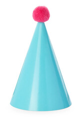 One light blue party hat with pompom isolated on white