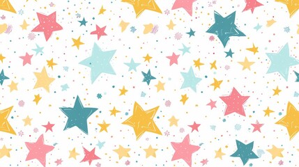 Seamless pattern with colored stars of various sizes on white background. Childish background for postcards, wallpaper, - obrazy, fototapety, plakaty