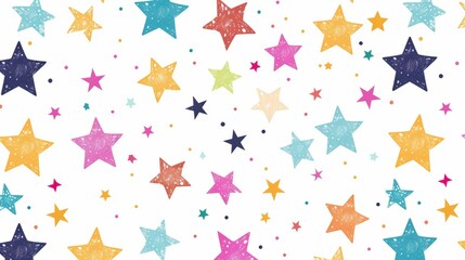 Seamless pattern with colored stars of various sizes on white background. Childish background for postcards, wallpaper,