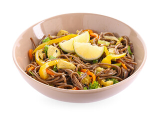 Stir-fry. Delicious cooked noodles with chicken and vegetables in bowl isolated on white