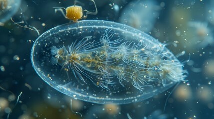 A zooplankton with a transparent body showcasing its and beating cilia. It is surrounded by smaller organisms representing the diverse - obrazy, fototapety, plakaty