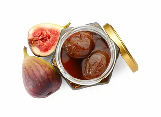 Rolgordijnen Jar of tasty sweet jam and fresh figs isolated on white, top view © New Africa