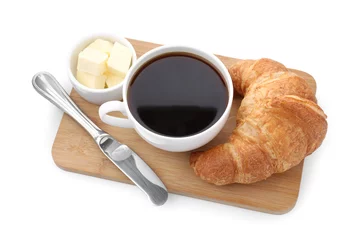 Rolgordijnen Fresh croissant, butter and coffee isolated on white, above view. Tasty breakfast © New Africa