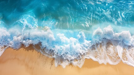 Summer seascape beautiful waves, blue sea water in sunny day. Top view from drone. Sea aerial view, amazing tropical nature background.