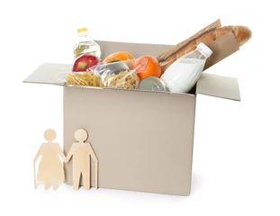 Fotobehang Humanitarian aid for elderly people. Cardboard box with donation food and wooden figures of couple isolated on white © New Africa
