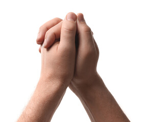 Religion. Christian man praying on white background, closeup