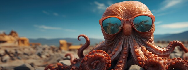 Funny octopus wearing sunglasses in studio with a colorful and bright background. Created with Generative AI.