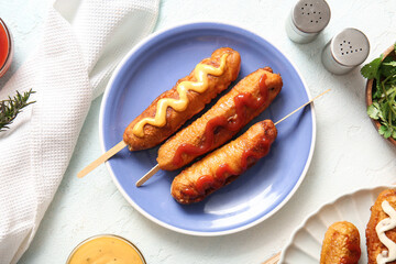 Plate of tasty corn dogs with sauces on white background