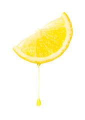 Juice dripping from slice of lemon isolated on white
