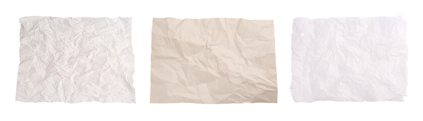Set with sheets of crumpled parchment paper isolated on white, top view