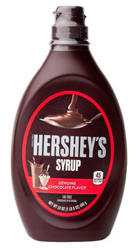 Plastic Bottle of Hershey's brand Fat Free Chocolate flavor Syrup isolated on a transparent background 