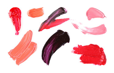 Lip gloss of different colors on white background, collection