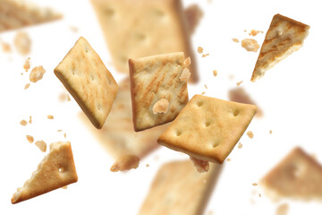 Tasty dry crackers falling on white background
