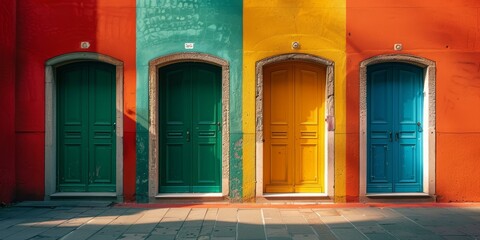 Four colorful doors in red, green, yellow, and blue on vibrant walls, symmetrical composition, sunlight and shadows, urban architecture.