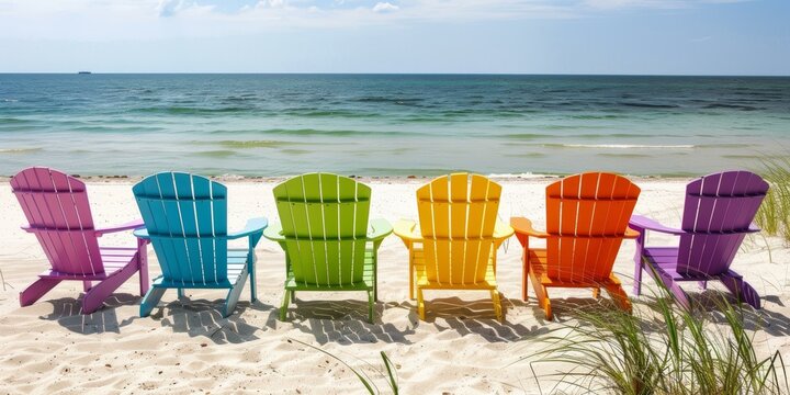 Six colorful Adirondack chairs on beach, blue, green, yellow, orange, purple, sunny day, sea view. Copy space.