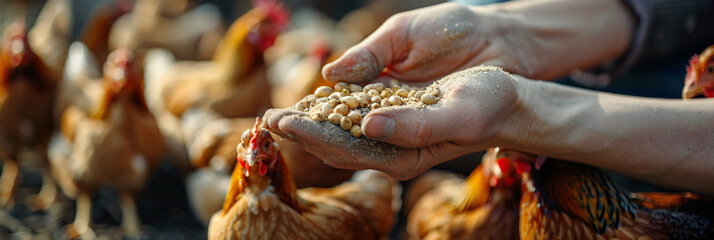 Farmer hand hold food for feeding chicken in farm. Farmer feed hens with grain. Eco organic protein food. Poultry local farm, free cage. Agriculture concept