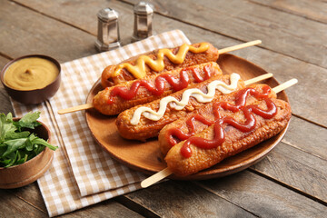 Plate of tasty corn dogs with different sauces on wooden background