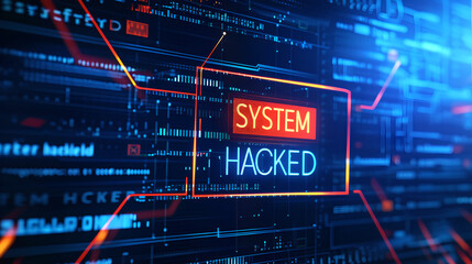 System hacking with info message SYSTEM HACKED in screen, Background with a code on a blue background , virus warning, Cybersecurity, cybercrime , Technology computer network , virus programming   - obrazy, fototapety, plakaty