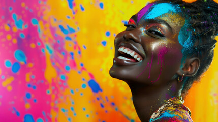 With a mischievous grin and a le in her eye a black woman confidently rocks a daring outfit playfully splattered with a rainbow of paint and bursting with a rebellious energy that .