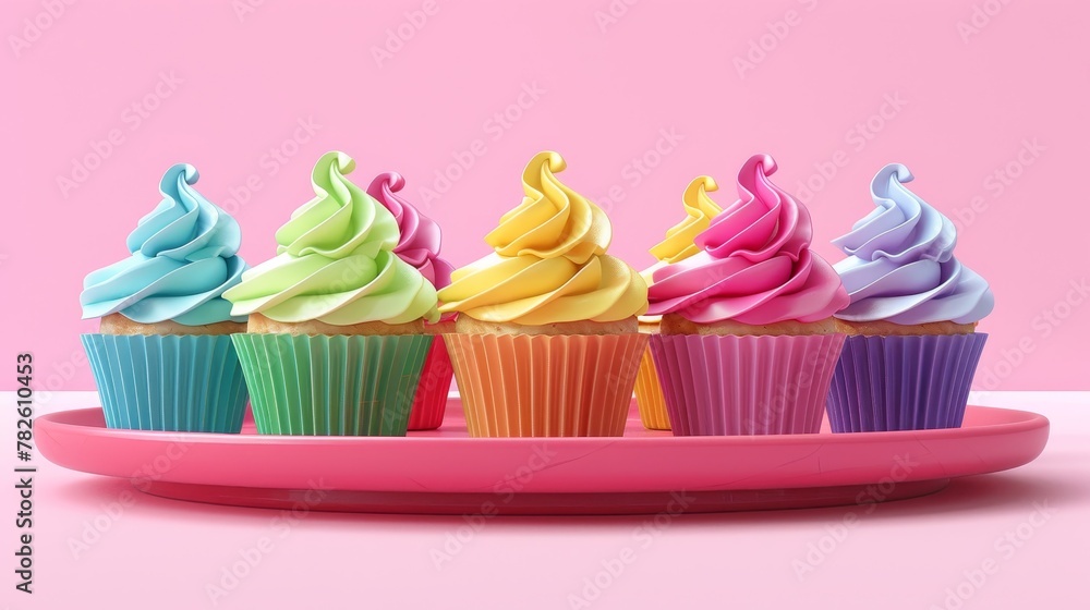 Poster a tray of rainbow-colored cupcakes d style isolated flying objects memphis style d render ai generat