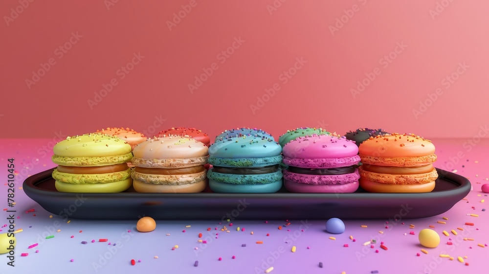Poster a tray of rainbow-colored macarons d style isolated flying objects memphis style d render ai generat