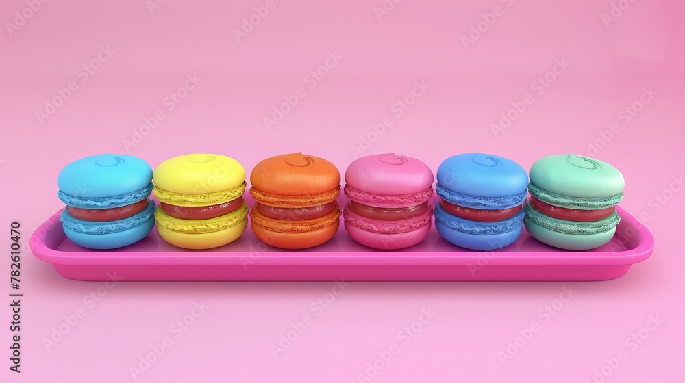Poster a tray of rainbow-colored macarons d style isolated flying objects memphis style d render ai generat