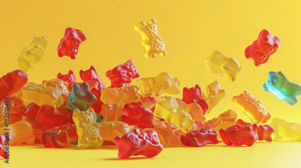 Poster a vibrant display of gummy bears d style isolated flying objects memphis style d render ai generated