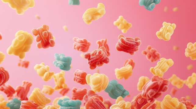 A vibrant display of gummy bears  d style isolated flying objects memphis style d render   AI generated illustration